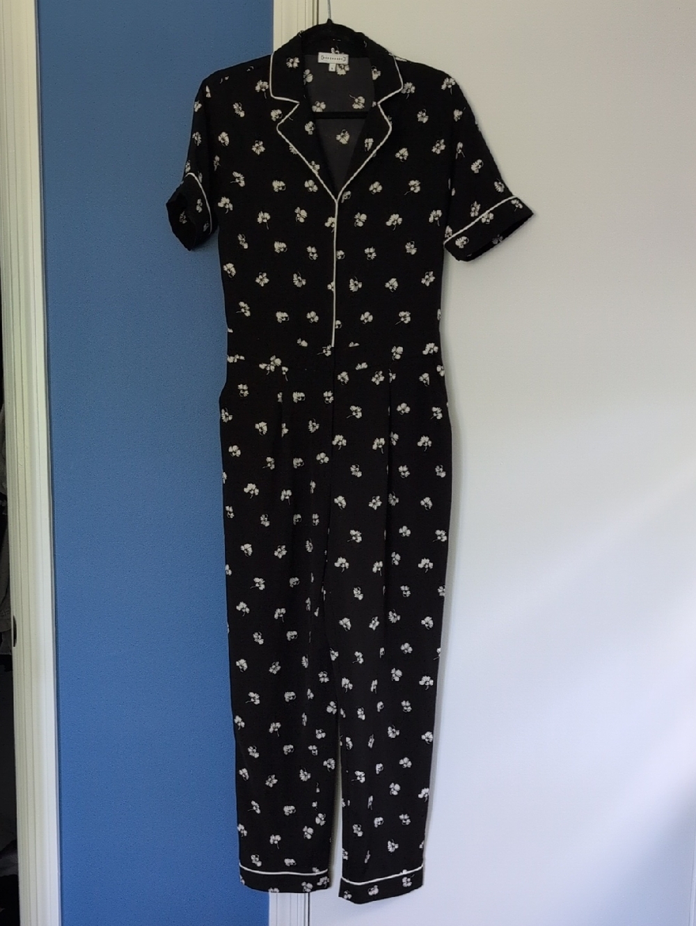 Warehouse Black Floral-Print Jumpsuit with White Piping